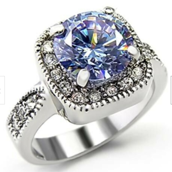 Silver Deco Amethyst Halo Cocktail Ring Size 10 Purple Cubic Zirconia Rodium - Picture 3 of 8